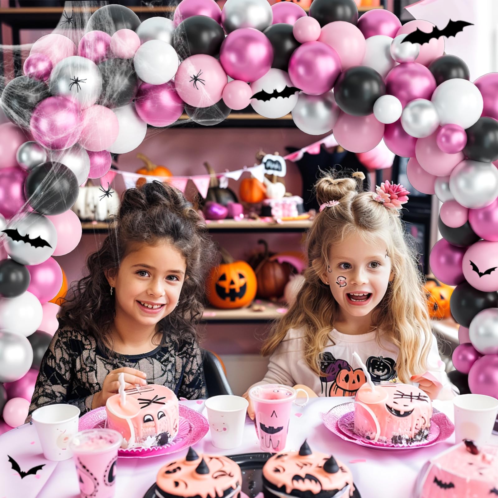 Fiesec Pink Halloween Balloon Garland Arch Kit, Halloween Themed Party Decorations with BOO Foil Balloons Spider Web Bat Ghost, Happy Boo Day Halloween Indoor Outdoor Yard Home Room Décor