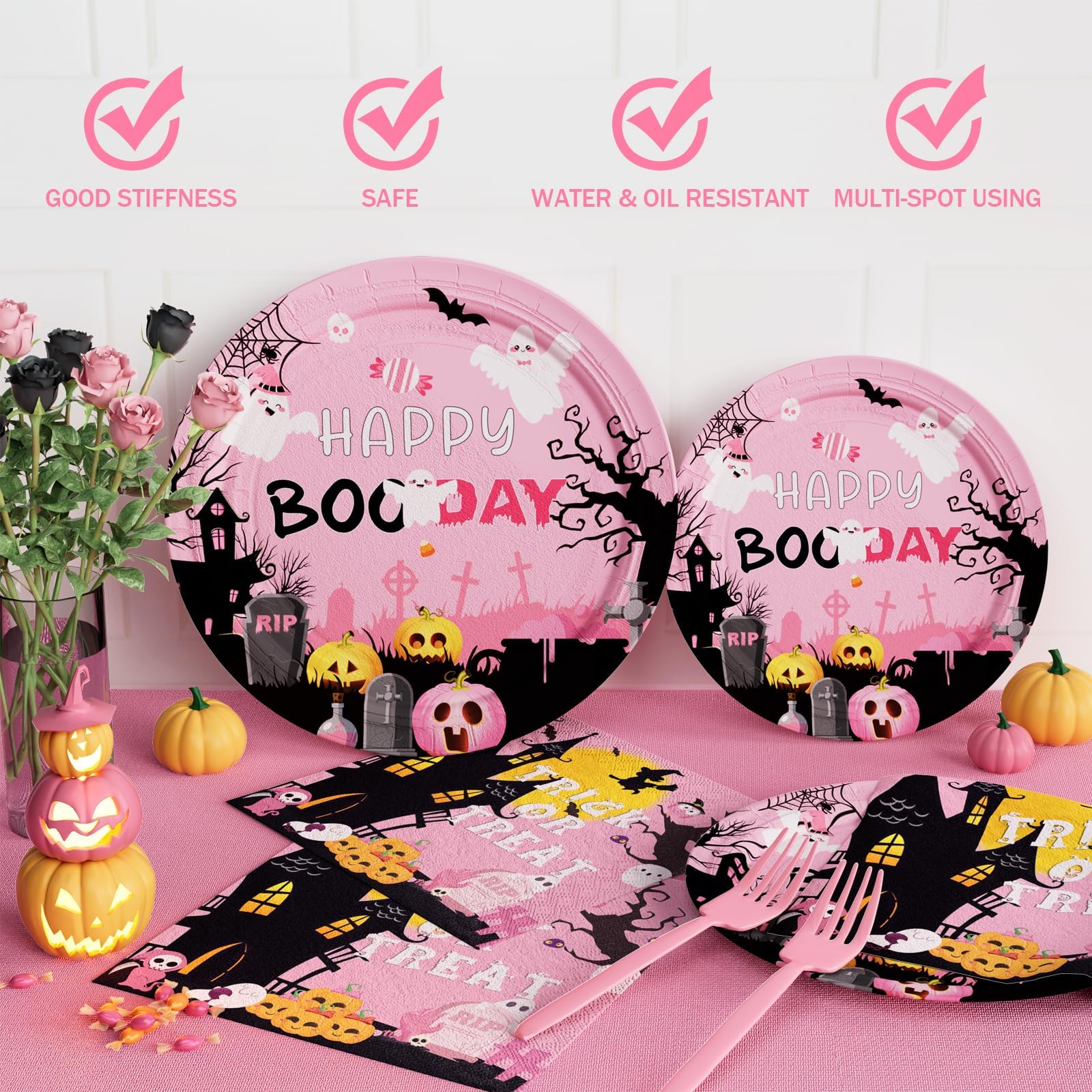 Fiesec Happy Boo Day Party Supplies Tableware Set, Pink Halloween Party Decorations for Girl, Trick or Treat Pumpkin Ghost Face Plates, Napkins, Forks, Serves 24 Guests