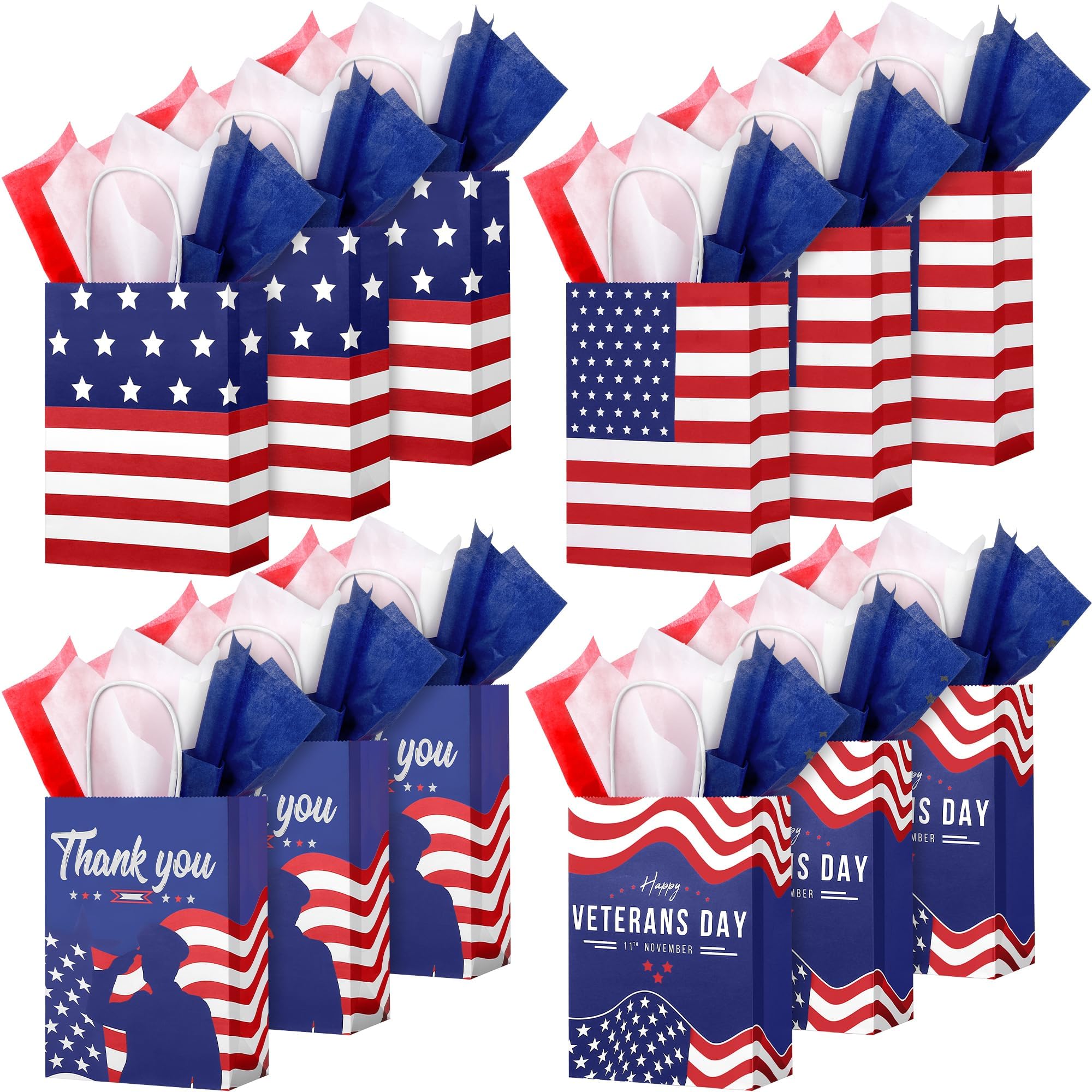 MIMIND 12 Pieces Veterans Day Gift Bags with Handle Patriotic Gift Bags with 24 Red Blue White Tissue Paper Thank You Veterans Goodie Gift Treat Bags for Veterans Day Memorial Day Independence Day