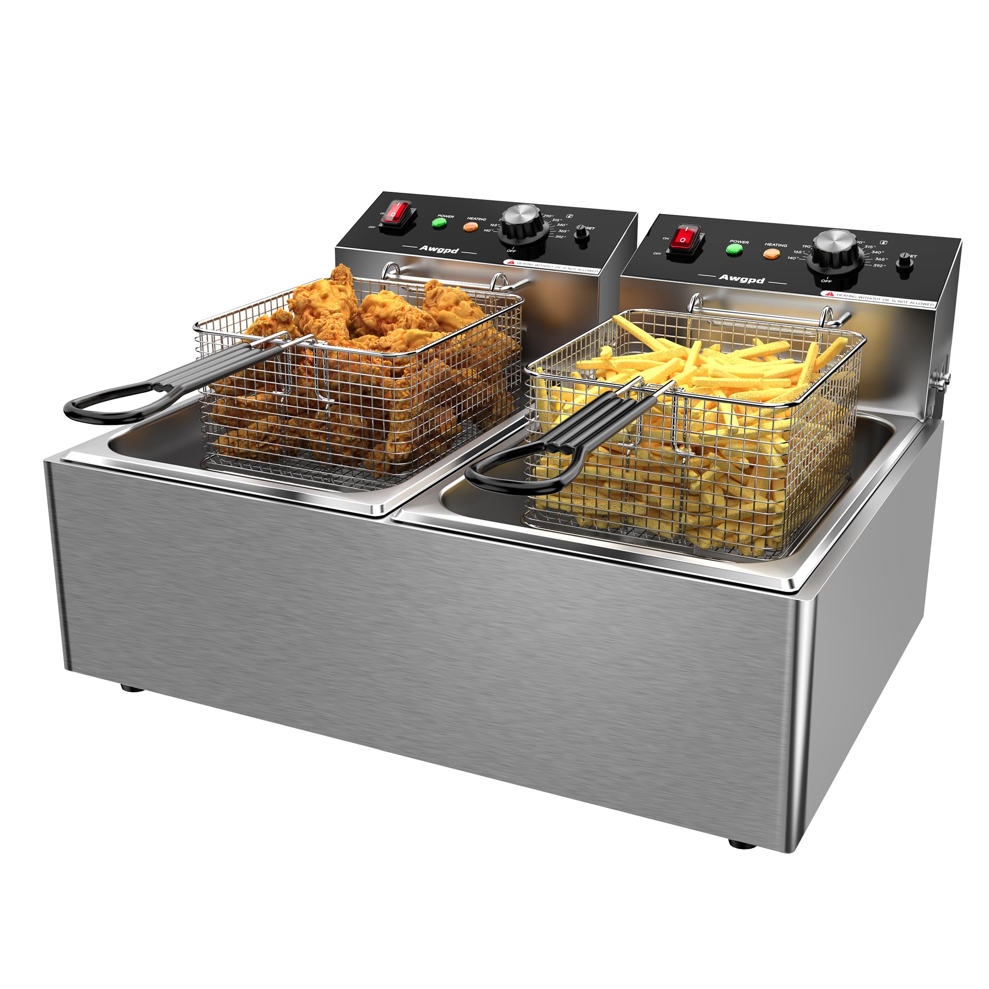 Commercial Deep Fryer with Baskets Stainless Steel Double Deep Fryer with 2 Baskets Capacity 10L X 2(21.2QT) Electric Countertop Fryer for Restaurant and Home Use, 110V 3400W