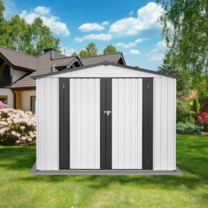 SumKea 8ftx6ft Tool Shed Outdoor Storage, Galvanized Steel Metal Shed, Tool Shed Equipped with Vents and Lockable, Outdoor Tool Shed Ldeal for Backyards, Patio, Gray White