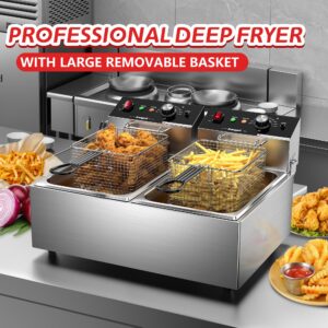 Commercial Deep Fryer with Baskets Stainless Steel Double Deep Fryer with 2 Baskets Capacity 10L X 2(21.2QT) Electric Countertop Fryer for Restaurant and Home Use, 110V 3400W