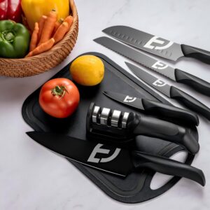 Emojoy Knife Set, 16 Pieces Black Knife Set for Kitchen with 3-Stage Professional Sharpener and Cutting Board, Super-Sharp High Carbon Stainless Steel Kitchen knives, Ergonomic Handle, All Black