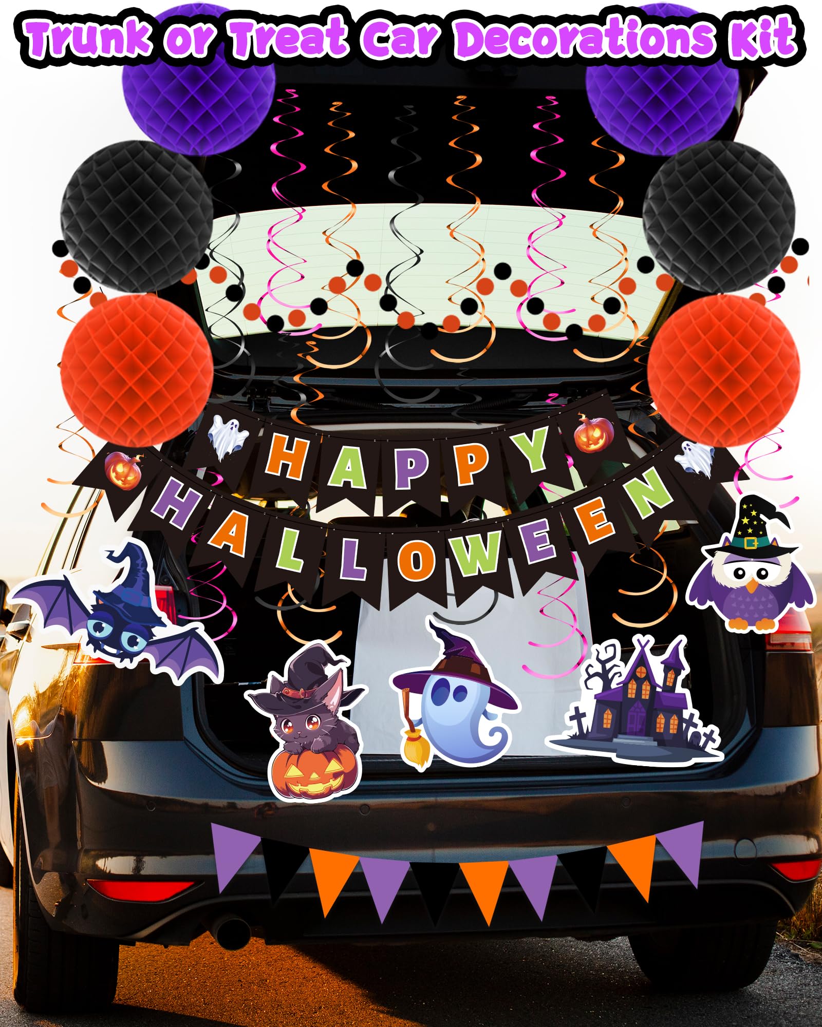 Oomloid Halloween Party Decorations Indoor - Happy Halloween Banner, Hanging Swirl Streamers, Halloween Sign Triangle Flag Bunting Halloween Supplies for Trunk or Treat Decorations