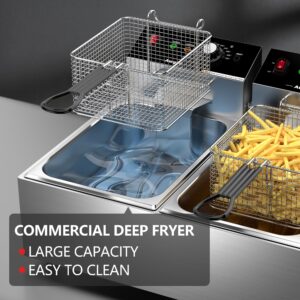 Commercial Deep Fryer with Baskets Stainless Steel Double Deep Fryer with 2 Baskets Capacity 10L X 2(21.2QT) Electric Countertop Fryer for Restaurant and Home Use, 110V 3400W