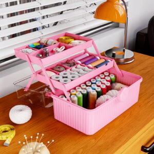 Yieach Plastic Sewing Box Organizer With Handle- Portable Multi-Purpose Sewing Storage Organizer for Cabinet,Pink Medicine Container Storage and Tool Boxes or Accessory and Craft Carrying Case