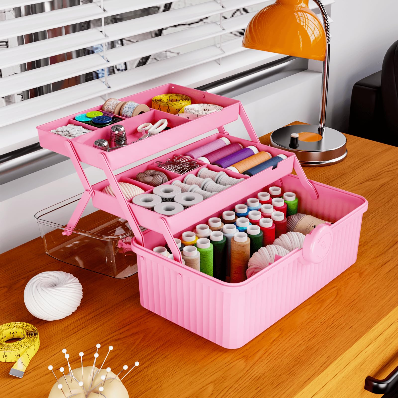 Yieach Plastic Sewing Box Organizer With Handle- Portable Multi-Purpose Sewing Storage Organizer for Cabinet,Pink Medicine Container Storage and Tool Boxes or Accessory and Craft Carrying Case