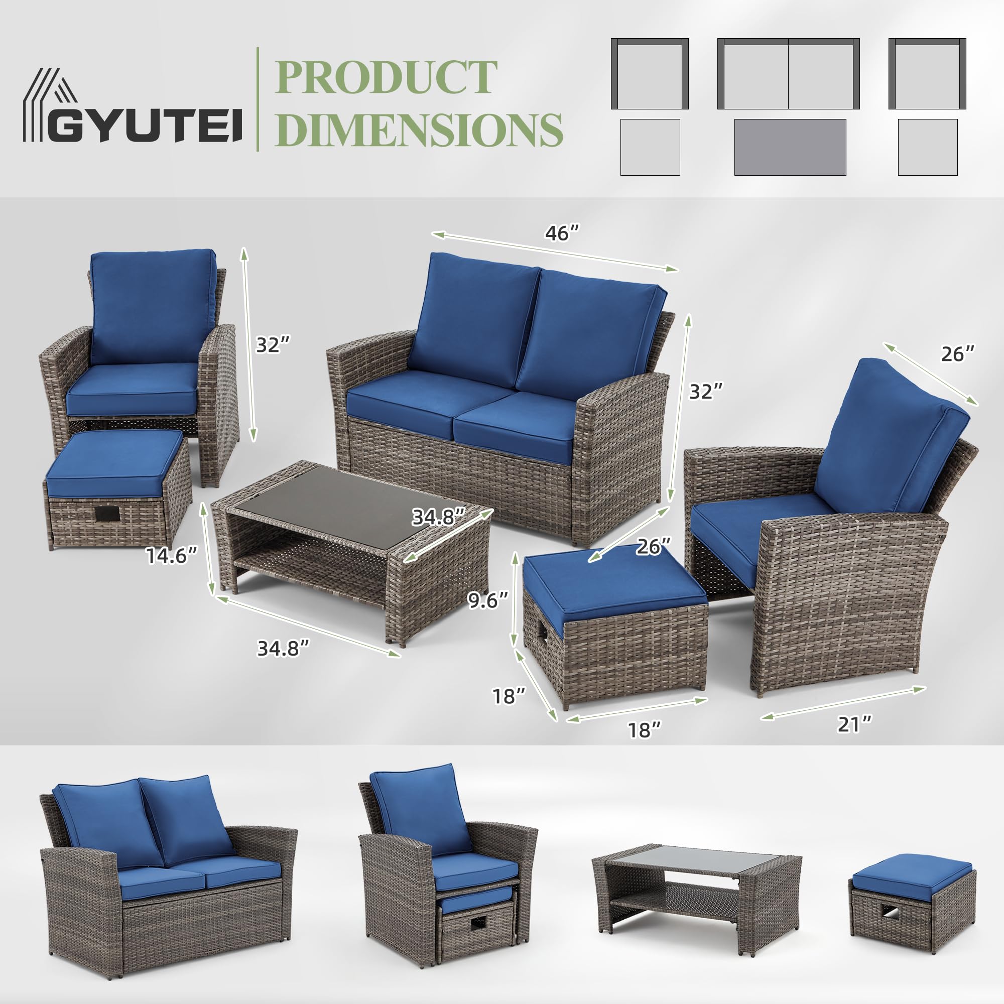 GYUTEI 6 Piece Patio Furniture Set Clearance, Outdoor Sectional Conversation Rattan Sofa Set with Ottoman and Outdoor Storage Table for Garden, Porch, Backyard (Navy Blue)