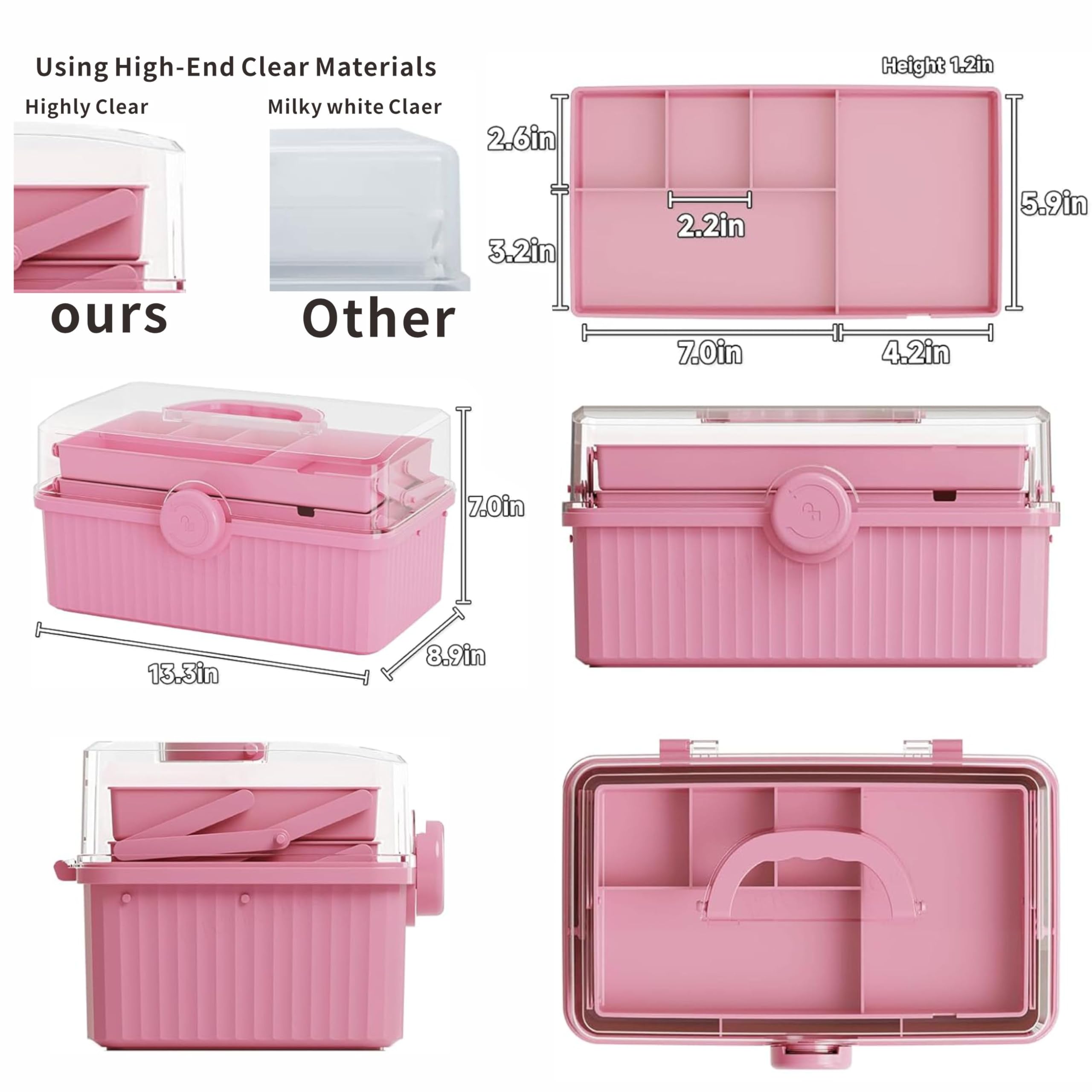 Yieach Plastic Sewing Box Organizer With Handle- Portable Multi-Purpose Sewing Storage Organizer for Cabinet,Pink Medicine Container Storage and Tool Boxes or Accessory and Craft Carrying Case