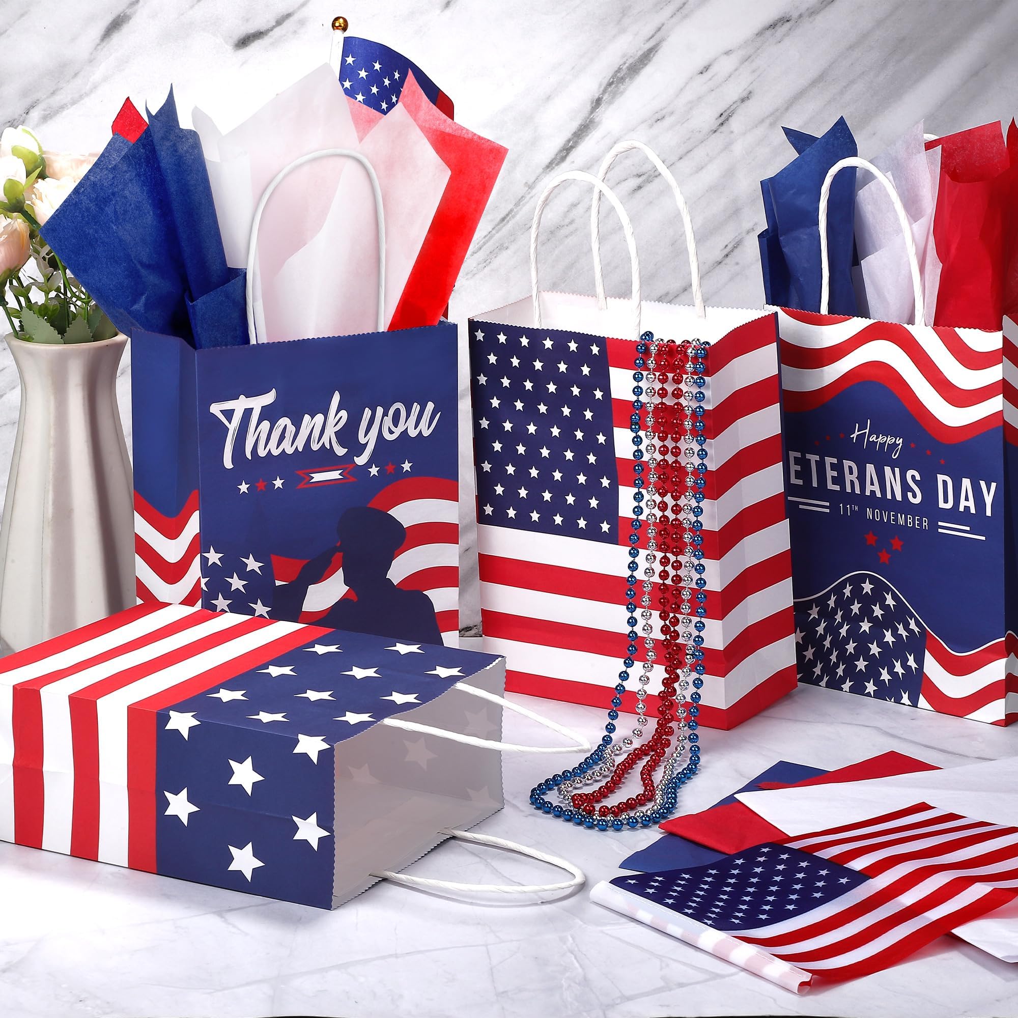 MIMIND 12 Pieces Veterans Day Gift Bags with Handle Patriotic Gift Bags with 24 Red Blue White Tissue Paper Thank You Veterans Goodie Gift Treat Bags for Veterans Day Memorial Day Independence Day