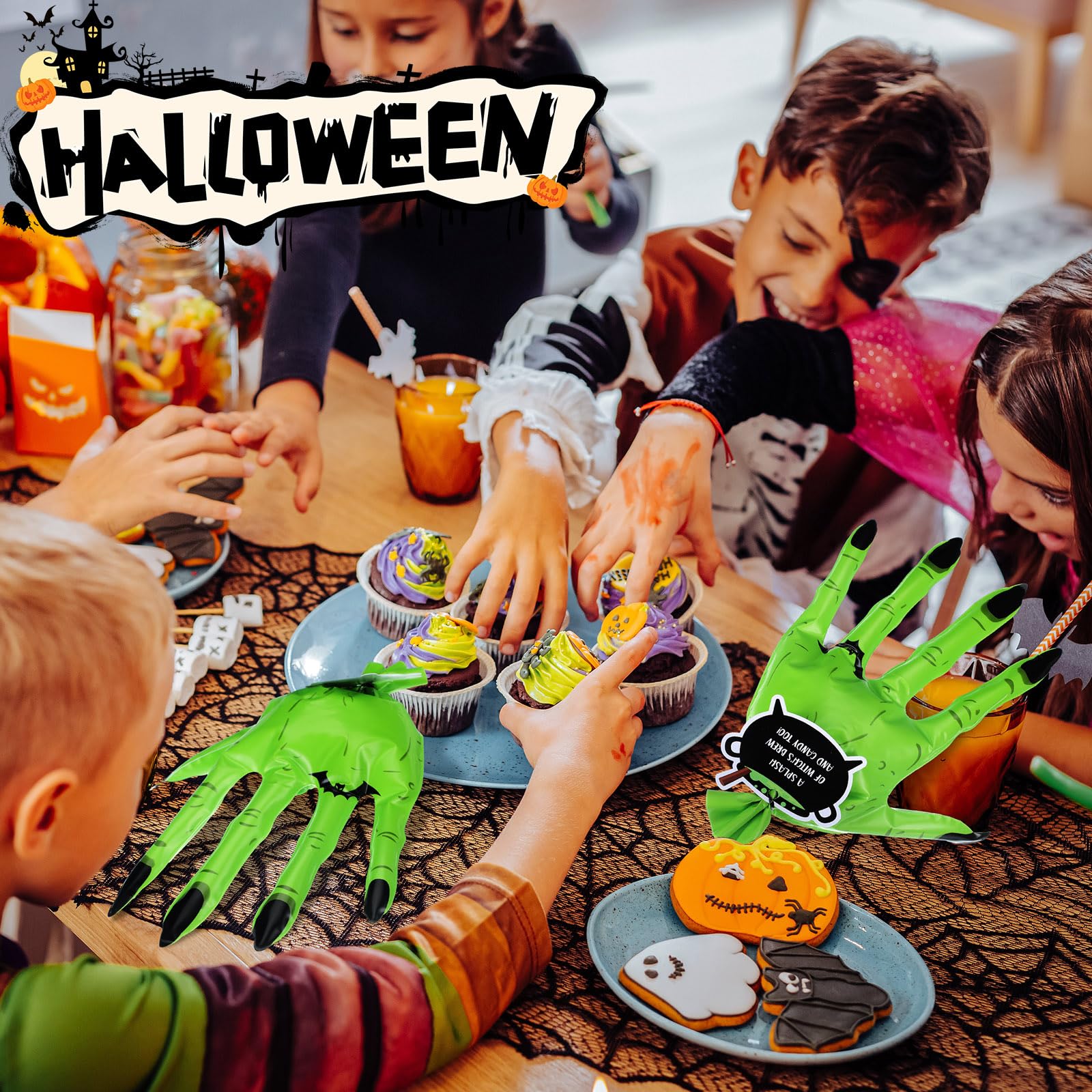 MotiMind 50 Pcs Halloween Treat Bags Trick or Treat Goodie Bags Witch Hand Shaped Candy Bag with Twist Ties Brew Cauldron Card, Snack Cookie Bag for Trick or Treat Halloween Party Favors Supplies