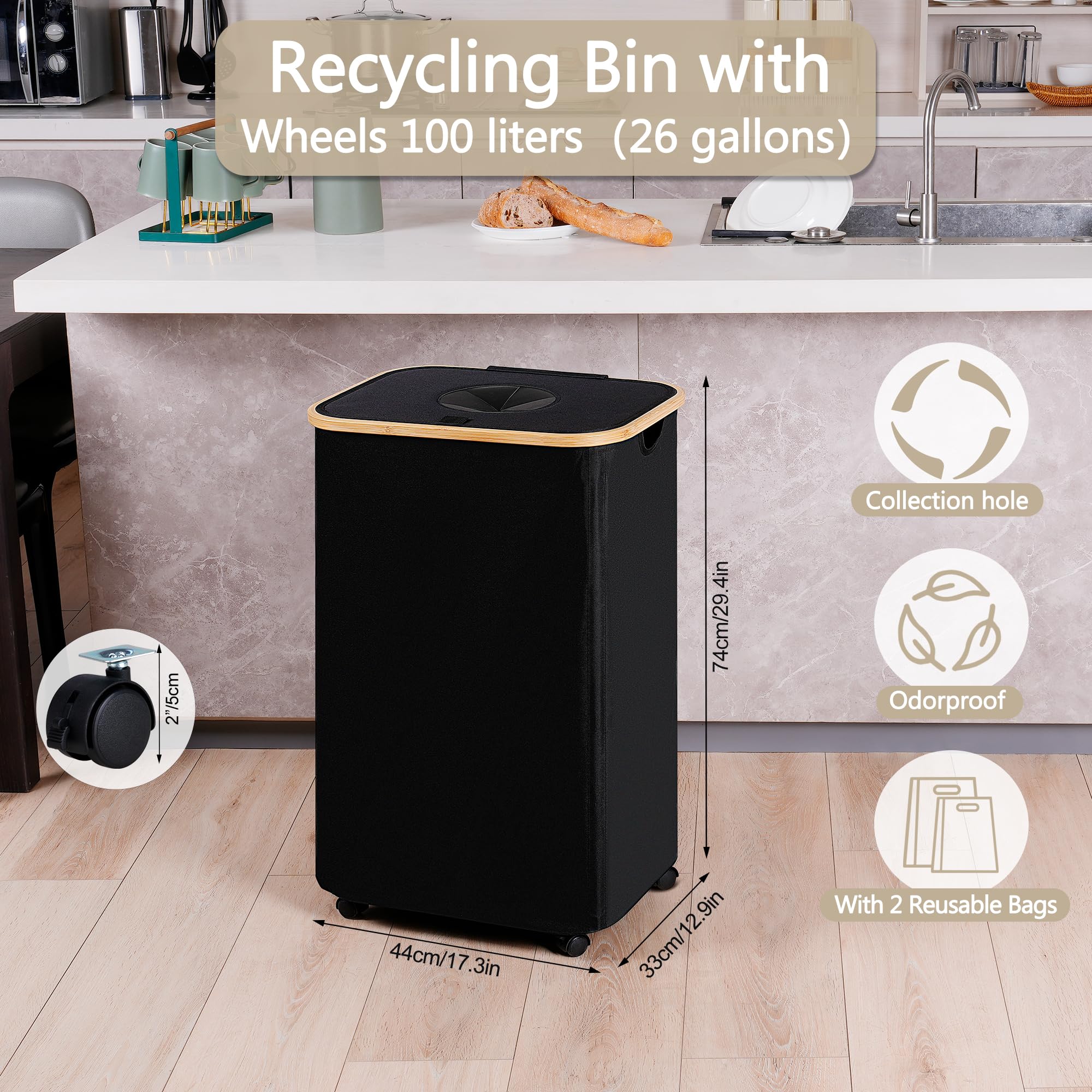 efluky Recycle Bins for Kitchen 100L (26 Gallon), Recycling Bin with Wheels and 2 Removeable and Reusable Inner Bags, Kitchen Recycling bin with lid for Bottle Can Plastice Stickers, Black