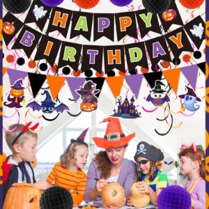 Happy Birthday Banner Halloween Birthday Party Decorations, Paper Pom Poms Triangle Flag Halloween Sign Hanging Garland Swirls Halloween Streamers for Birthday Party Supplies