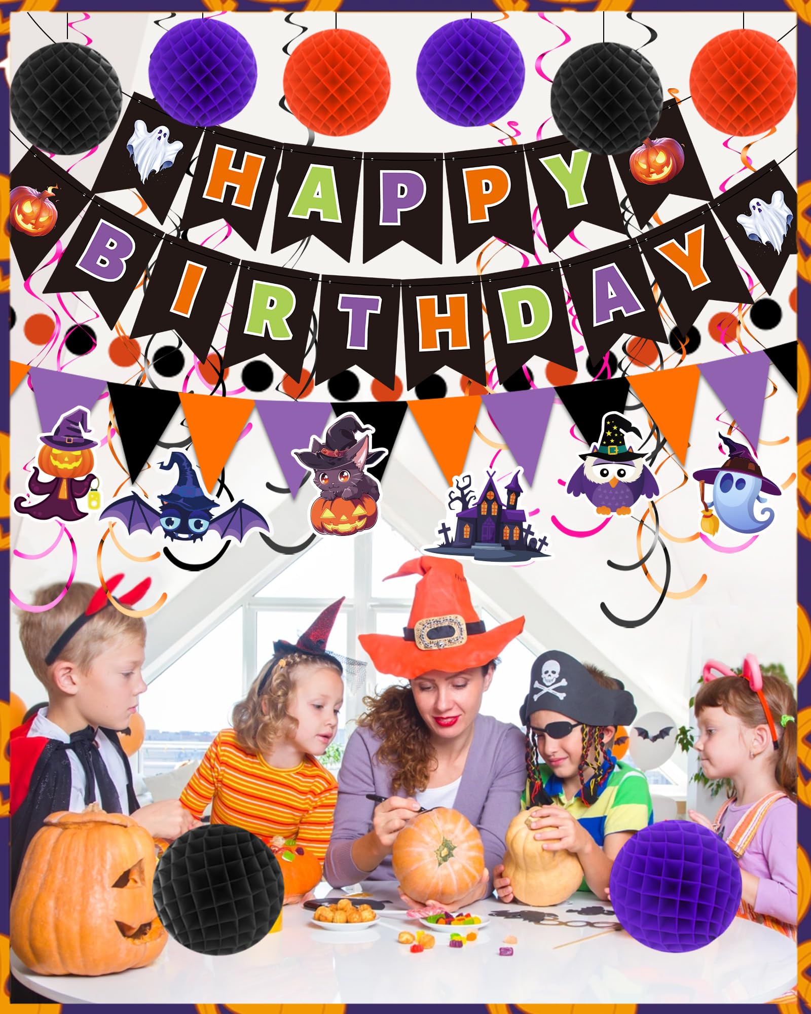 Happy Birthday Banner Halloween Birthday Party Decorations, Paper Pom Poms Triangle Flag Halloween Sign Hanging Garland Swirls Halloween Streamers for Birthday Party Supplies