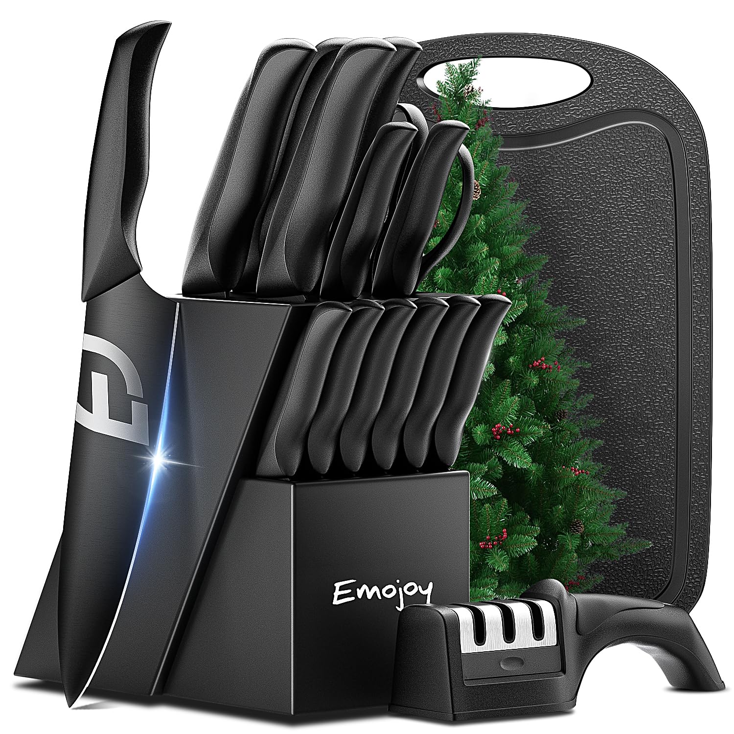 Emojoy Knife Set, 16 Pieces Black Knife Set for Kitchen with 3-Stage Professional Sharpener and Cutting Board, Super-Sharp High Carbon Stainless Steel Kitchen knives, Ergonomic Handle, All Black