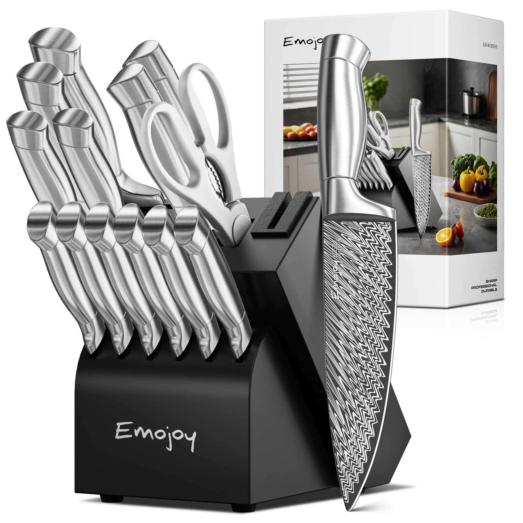 Knife Set,Emojoy 15 Pieces Kitchen Knife Set with block, Knife Block Set with Built-in Sharpener,High Carbon Stainless Steel Sharp Chef Knife Set with Hollow Handle