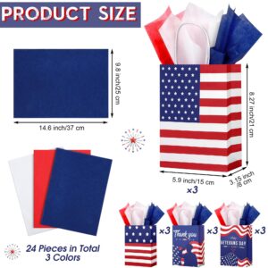 MIMIND 12 Pieces Veterans Day Gift Bags with Handle Patriotic Gift Bags with 24 Red Blue White Tissue Paper Thank You Veterans Goodie Gift Treat Bags for Veterans Day Memorial Day Independence Day