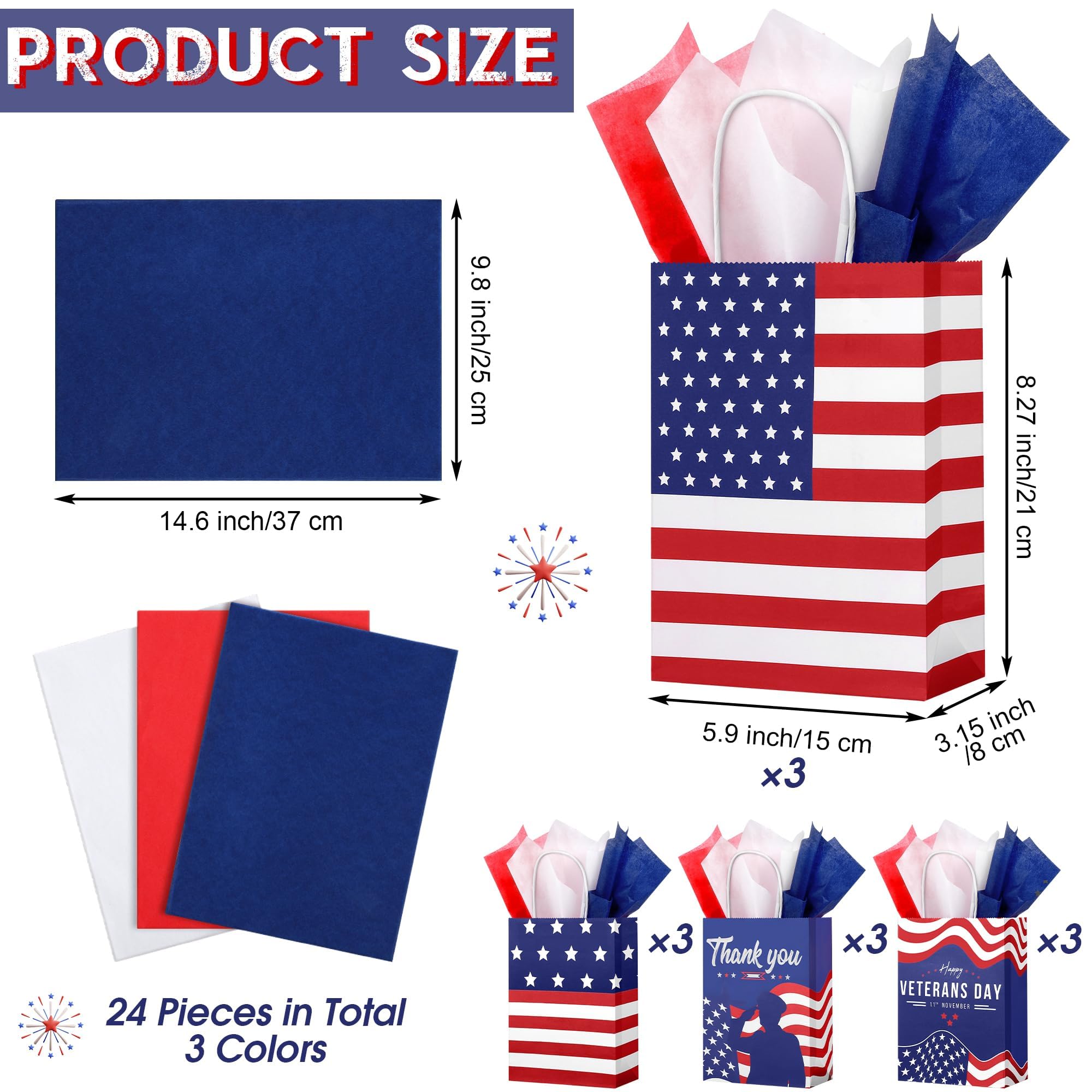 MIMIND 12 Pieces Veterans Day Gift Bags with Handle Patriotic Gift Bags with 24 Red Blue White Tissue Paper Thank You Veterans Goodie Gift Treat Bags for Veterans Day Memorial Day Independence Day