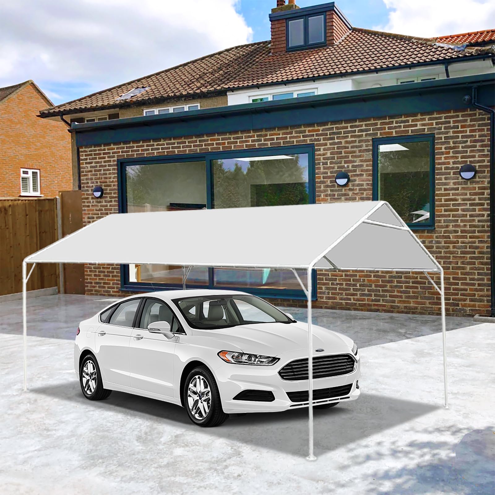 Eunika 10 x 20 Ft Carport Replacement Canopy Cover Garage Car Top Tent 180G PE Fabric Shelter Tarp Tent with 50 Ball Bungee Cords, Waterproof & UV Protected (Only Cover, Frame Not Include), White