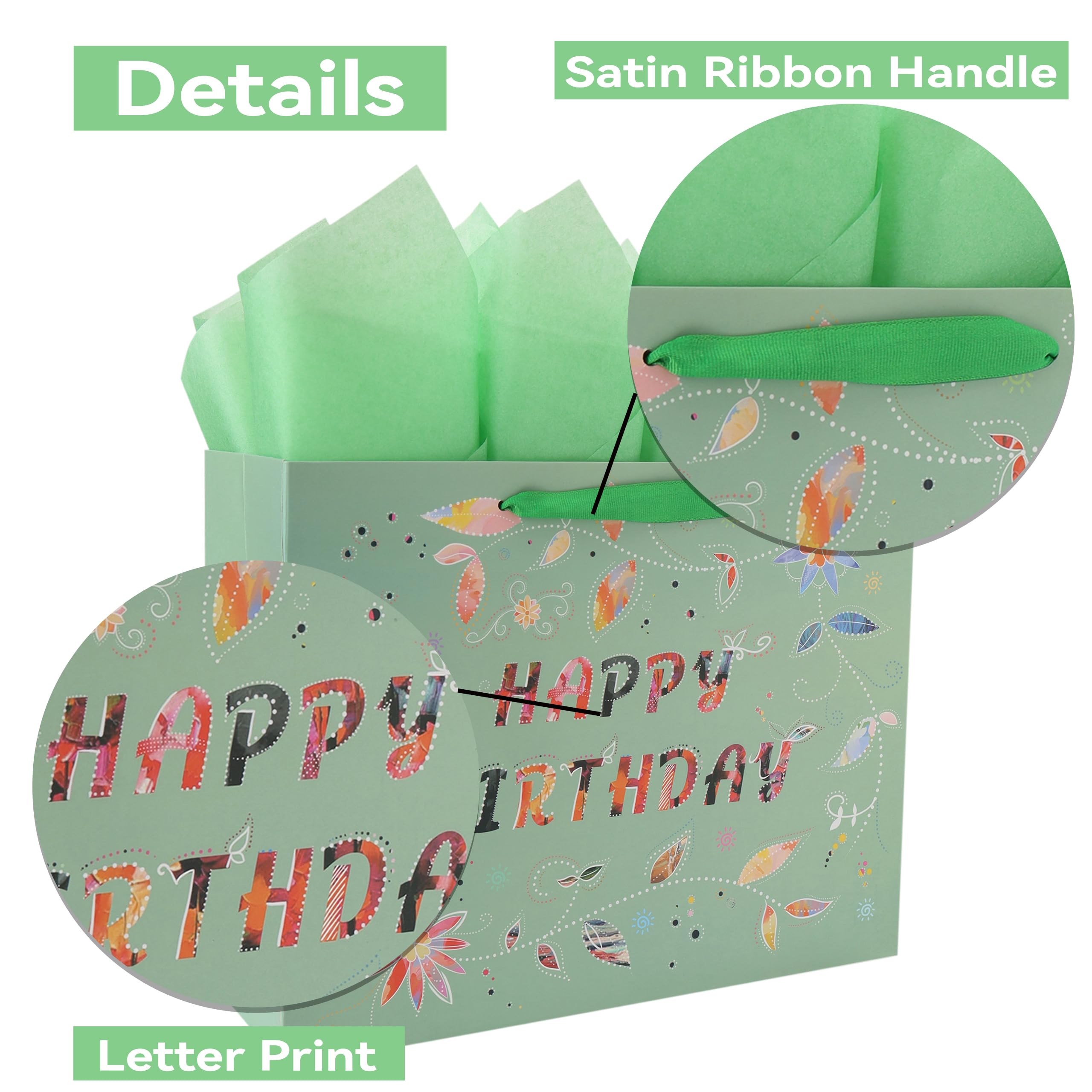 13” Large Happy Birthday Gift Bag Set with Handles, Greeting Card, Tissue Papers and Stickers for Women Girls, Green Floral Design, 1 Pcs