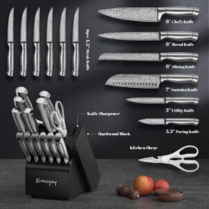 Knife Set,Emojoy 15 Pieces Kitchen Knife Set with block, Knife Block Set with Built-in Sharpener,High Carbon Stainless Steel Sharp Chef Knife Set with Hollow Handle