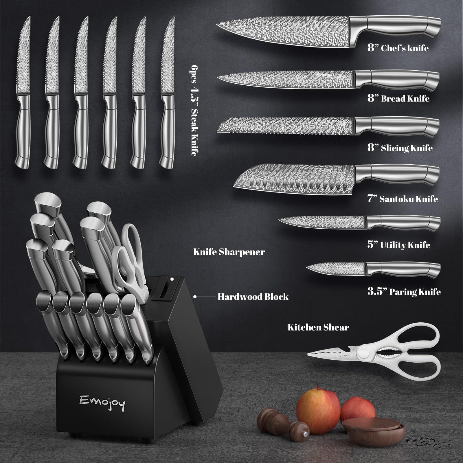 Knife Set,Emojoy 15 Pieces Kitchen Knife Set with block, Knife Block Set with Built-in Sharpener,High Carbon Stainless Steel Sharp Chef Knife Set with Hollow Handle