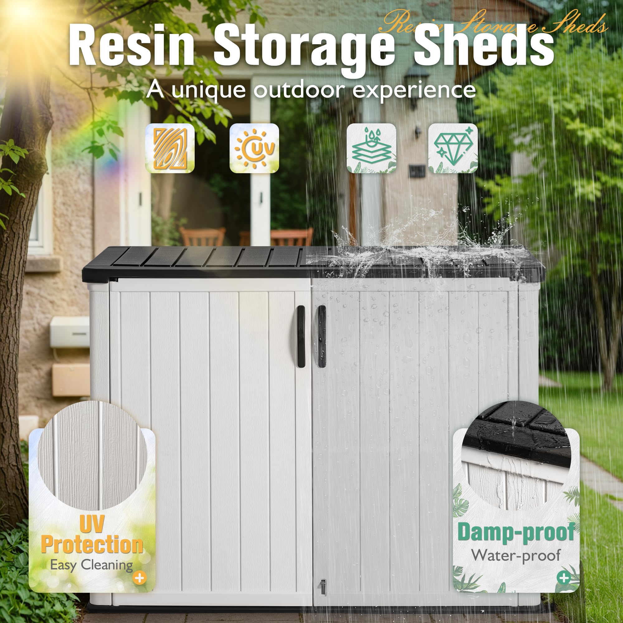 Greesum Outdoor Horizontal Storage Sheds 27 Cu.ft Resin Large Storaged Box Weather Resistance, Without Shelf, Easy to Assemble, Prefect for Garden, Patios, Backyards, White