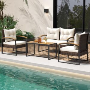 Tangkula 4 Piece Patio Conversation Set, with Heavy Duty Solid Acacia Wood Armrests & Tabletop, Outdoor Cushioned Wicker Furniture Set for Backyard, Poolside, Lawn, Blacony (1, Off White)