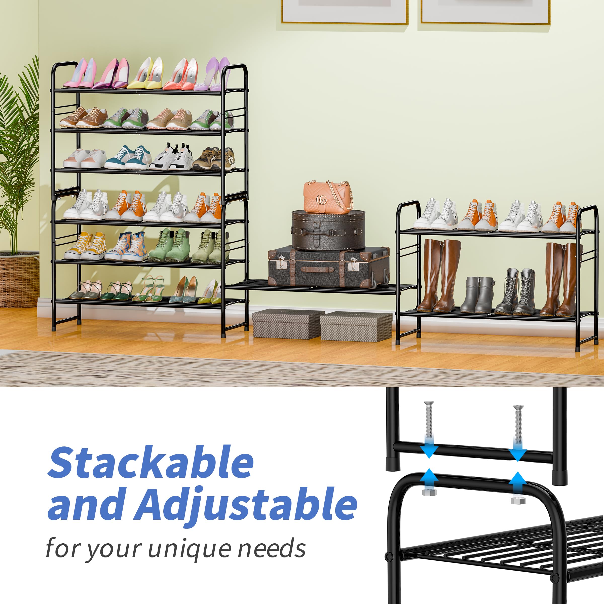 MWQ 3 Tier Stackable Shoe Rack, 32.5" Wide All Metal Free Standing Shoe Storage Organizer for Entryway, Closet, Black