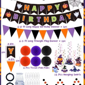 Happy Birthday Banner Halloween Birthday Party Decorations, Paper Pom Poms Triangle Flag Halloween Sign Hanging Garland Swirls Halloween Streamers for Birthday Party Supplies