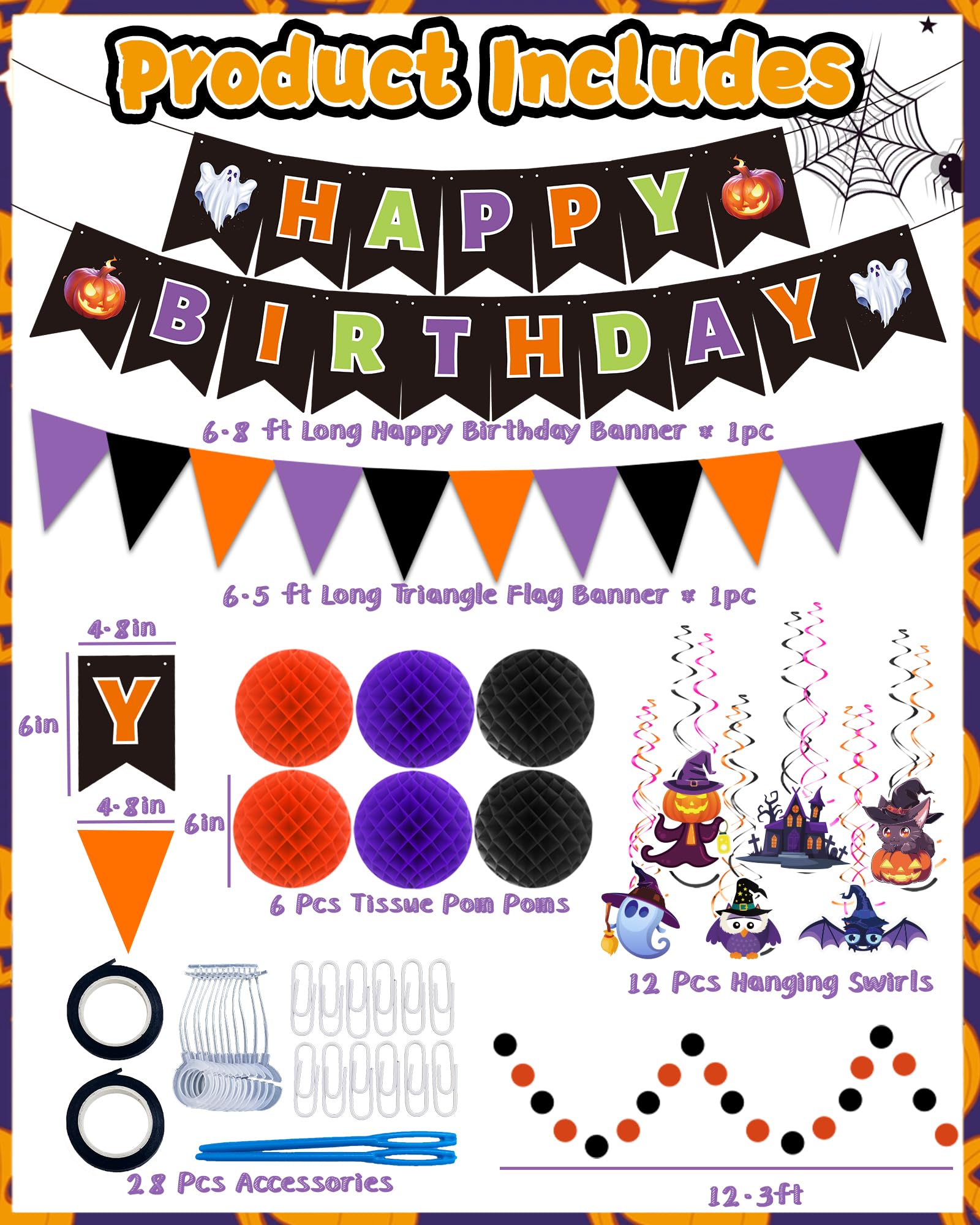 Happy Birthday Banner Halloween Birthday Party Decorations, Paper Pom Poms Triangle Flag Halloween Sign Hanging Garland Swirls Halloween Streamers for Birthday Party Supplies