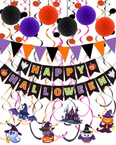 oomloid halloween party decorations indoor - happy halloween banner, hanging swirl streamers, halloween sign triangle flag bunting halloween supplies for trunk or treat decorations