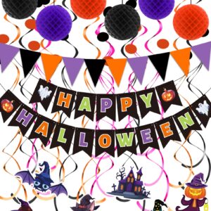 Oomloid Halloween Party Decorations Indoor - Happy Halloween Banner, Hanging Swirl Streamers, Halloween Sign Triangle Flag Bunting Halloween Supplies for Trunk or Treat Decorations