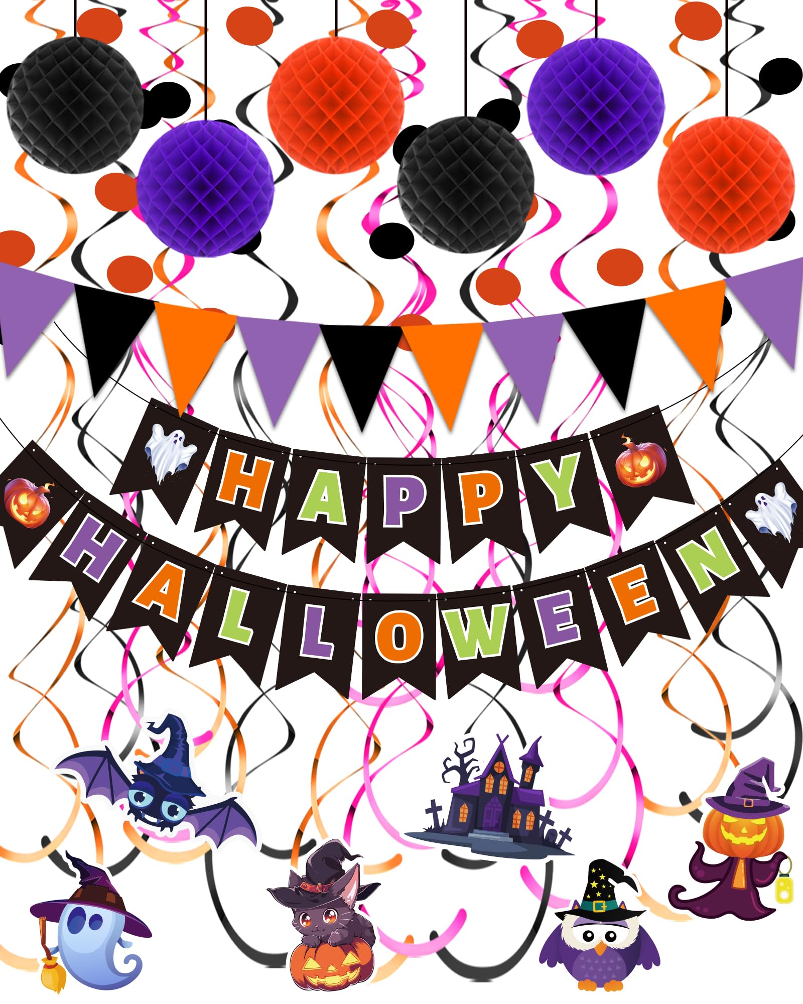 Oomloid Halloween Party Decorations Indoor - Happy Halloween Banner, Hanging Swirl Streamers, Halloween Sign Triangle Flag Bunting Halloween Supplies for Trunk or Treat Decorations