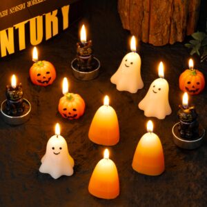 cnhoqc 12pcs halloween candy corn pumpkin black cat ghost mini candles, scented halloween tealight candles tabletop decor, cute wax pumpkin face mini candle for fall halloween party supplies