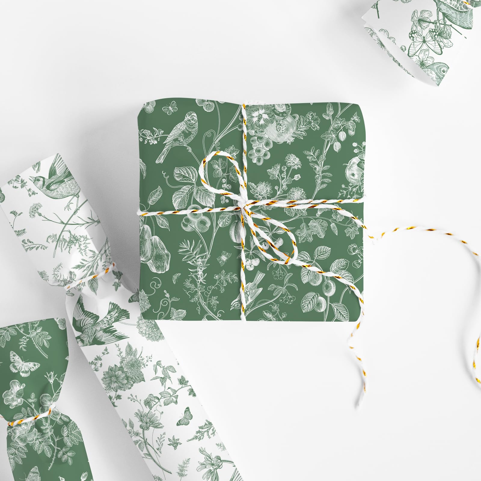 JarThenaAMCS 8 Sheet Sage Green Floral Wrapping Paper -Not Roll- Flower Birds Butterfly Gift Wrap Paper White Green Folded Flat Art Paper for Birthday Wedding DIY Crafts, 19.7 x 27.6 Inch