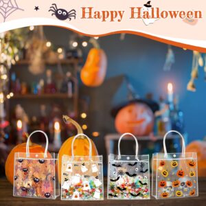 Aliceset 20 Pcs Halloween Clear Gift Bags with Handles Trick or Treat Plastic Bags Cute Pumpkin Halloween Tote Bag for Ghost Spider Party Favor Bags for Halloween Party Gifts Supplies, 8x8x3.15 Inch