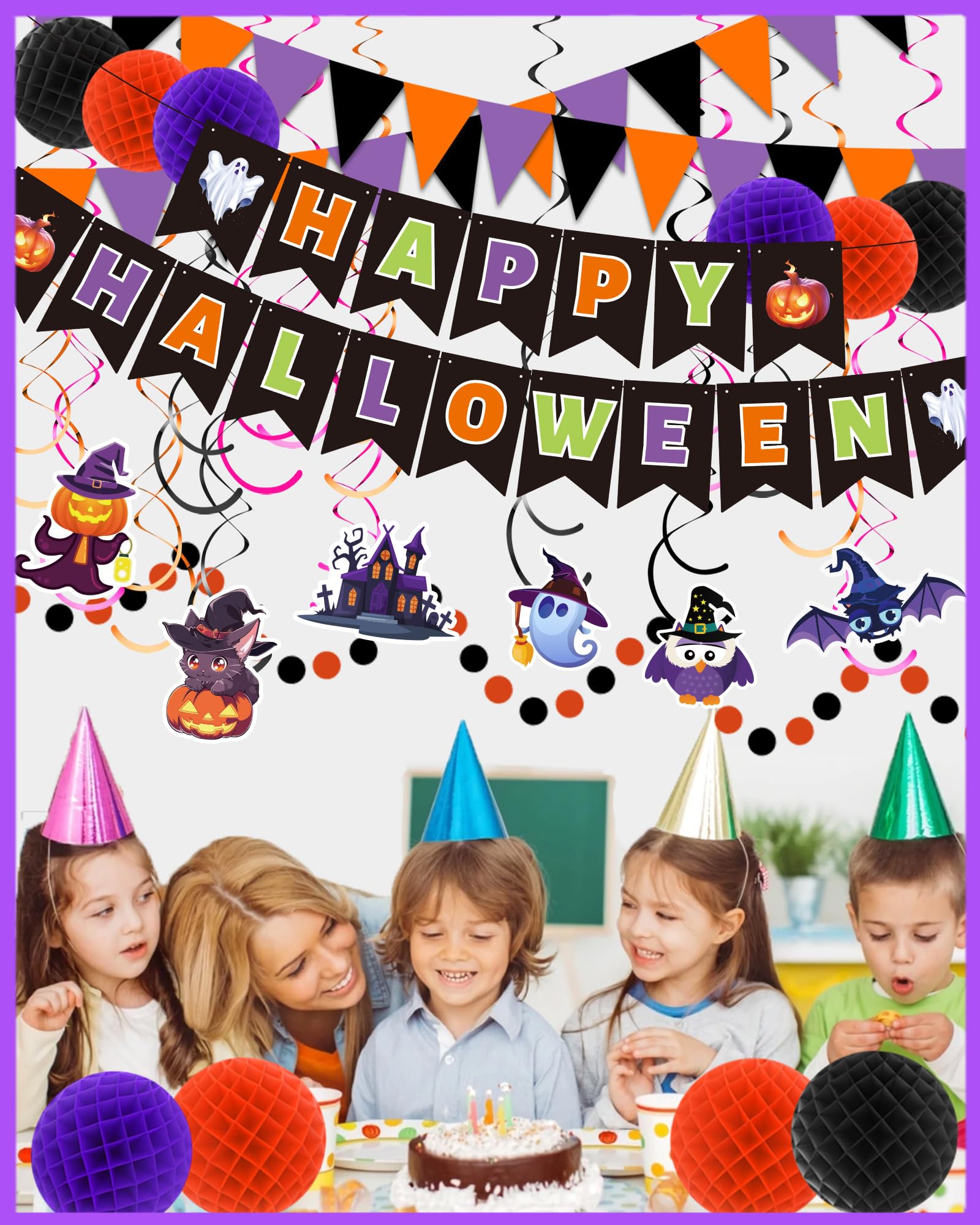 Happy Halloween Banner Halloween Party Decorations Indoor, Paper Pom Poms Triangle Flag Halloween Sign Hanging Garland Swirls Halloween Streamers for Trunk or Treat Decorations