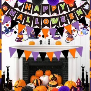 Happy Halloween Banner Halloween Party Decorations Indoor, Paper Pom Poms Triangle Flag Halloween Sign Hanging Garland Swirls Halloween Streamers for Trunk or Treat Decorations