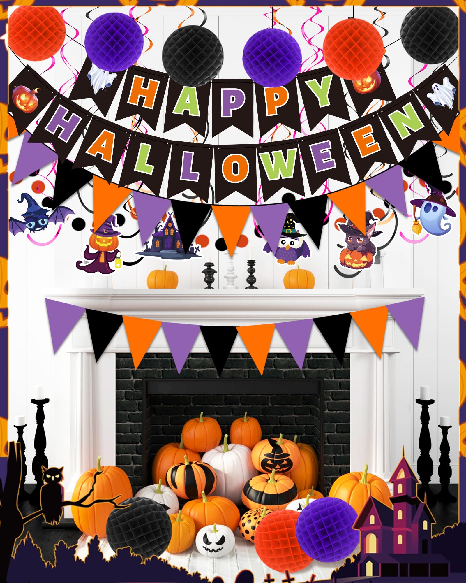 Happy Halloween Banner Halloween Party Decorations Indoor, Paper Pom Poms Triangle Flag Halloween Sign Hanging Garland Swirls Halloween Streamers for Trunk or Treat Decorations