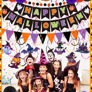 Oomloid Halloween Party Decorations Indoor - Happy Halloween Banner, Hanging Swirl Streamers, Halloween Sign Triangle Flag Bunting Halloween Supplies for Trunk or Treat Decorations