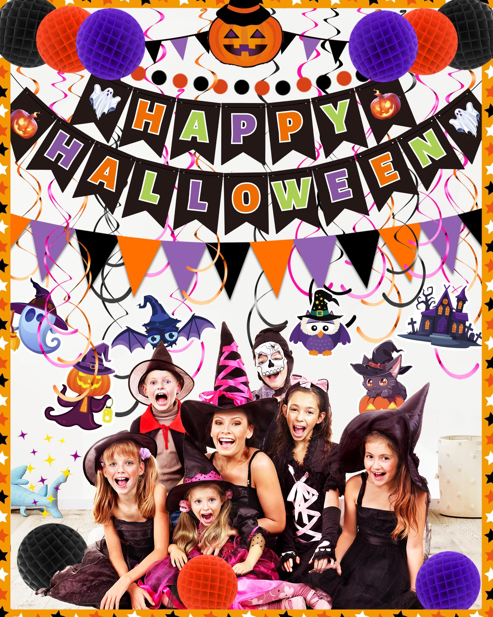 Oomloid Halloween Party Decorations Indoor - Happy Halloween Banner, Hanging Swirl Streamers, Halloween Sign Triangle Flag Bunting Halloween Supplies for Trunk or Treat Decorations