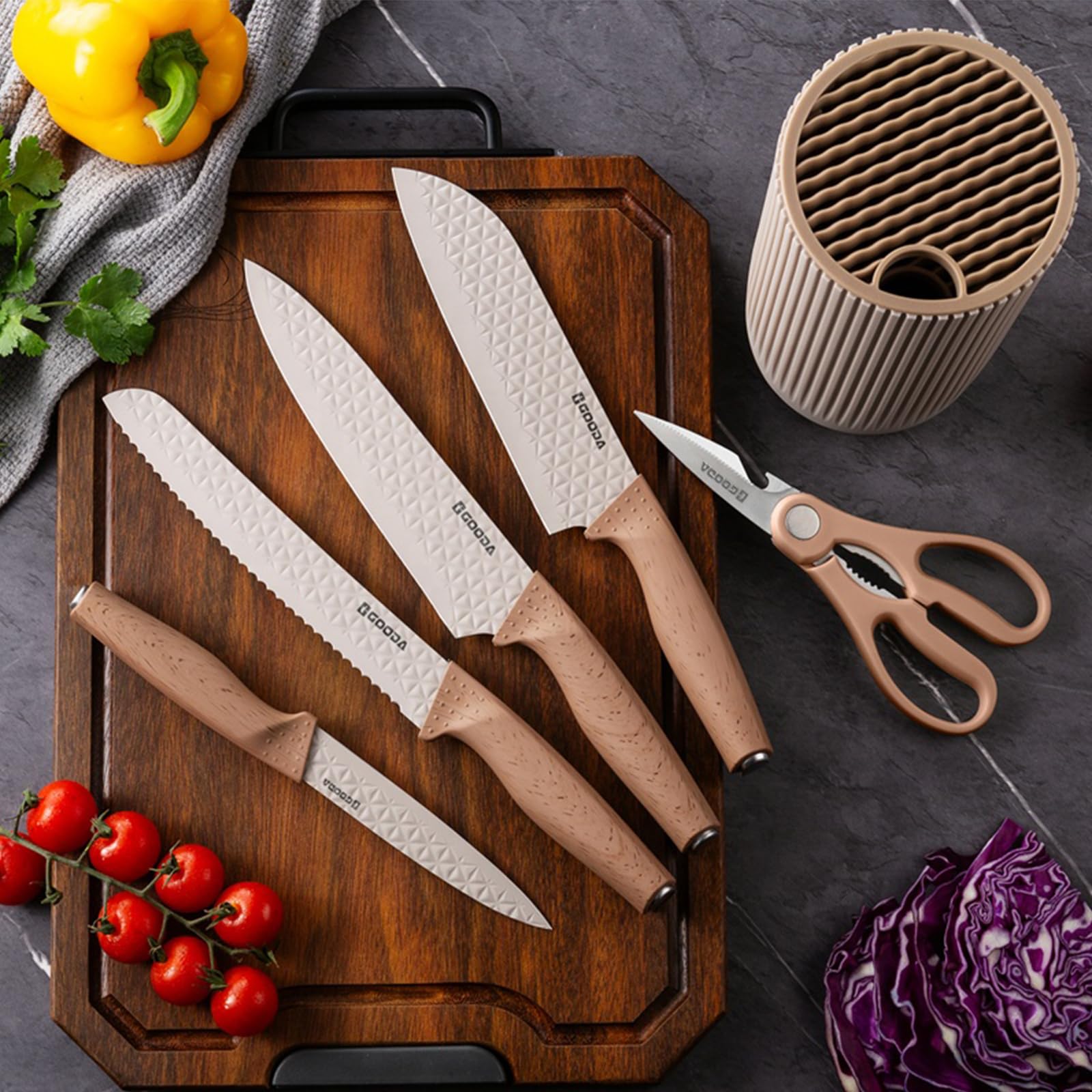 Knife Set, 6-Pieces Kitchen Knife Set for Chef,Wooden Coating Knife Set, Stainless Steel Non-stick Non-slip Super Sharp Blade Chef Knife Set with Block Suitable for Gift(Khaki)