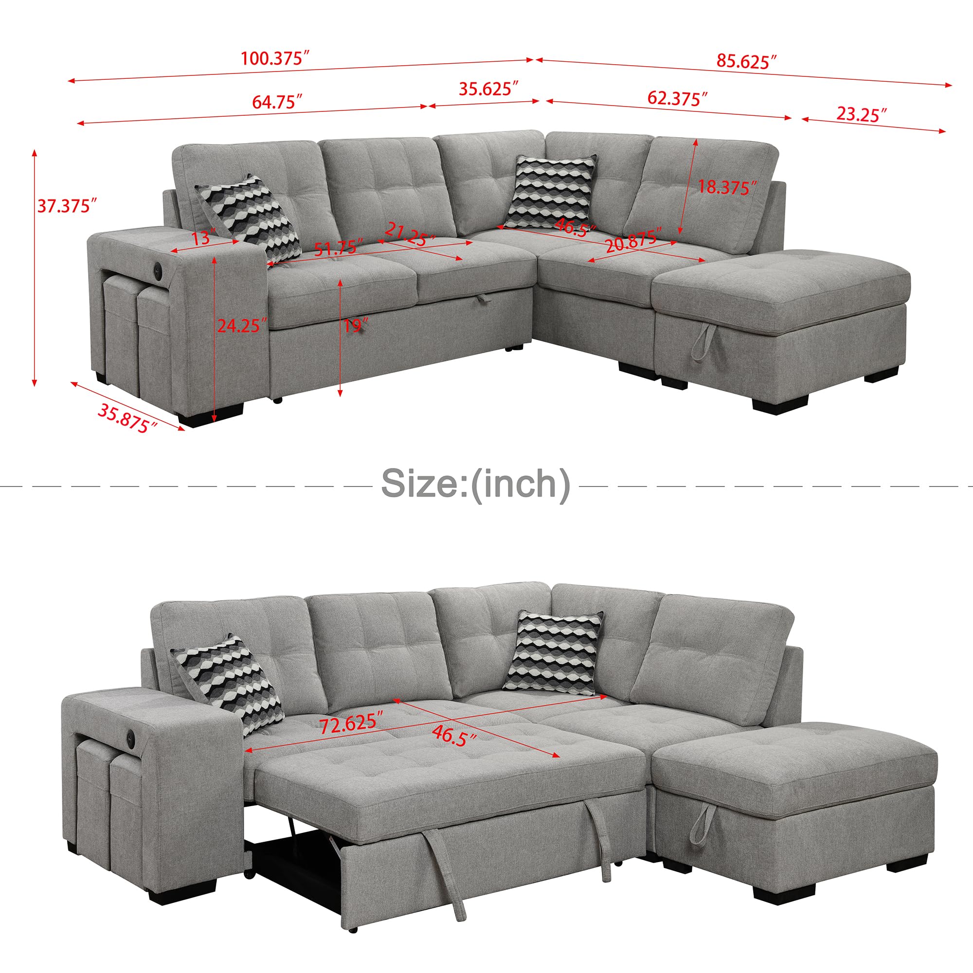 Familymill 100'' Modern Upholstered Fabric L-Shaped Convertible Corner Sectional Sofa Bed, Pull-Out Sleeper Sofa Bed with Storage Ottoman, USB Ports, and 2 Stools (Light Gray, L Shaped)