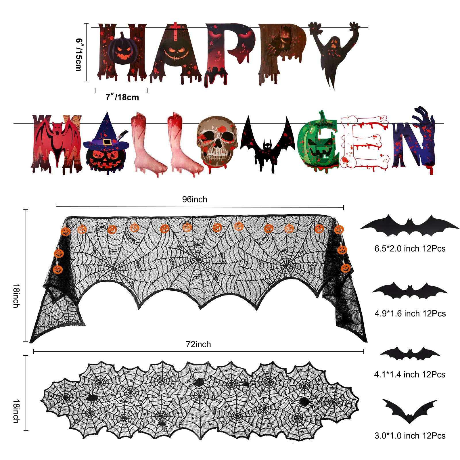 Halloween Decorations Indoor Set, 52pcs Halloween Party Decorations, Halloween 3D Bats |Spiderweb Table Runner & Cobweb Fireplace Mantel Scarf | Spooky Happy Halloween Banner for Home Indoor Decor