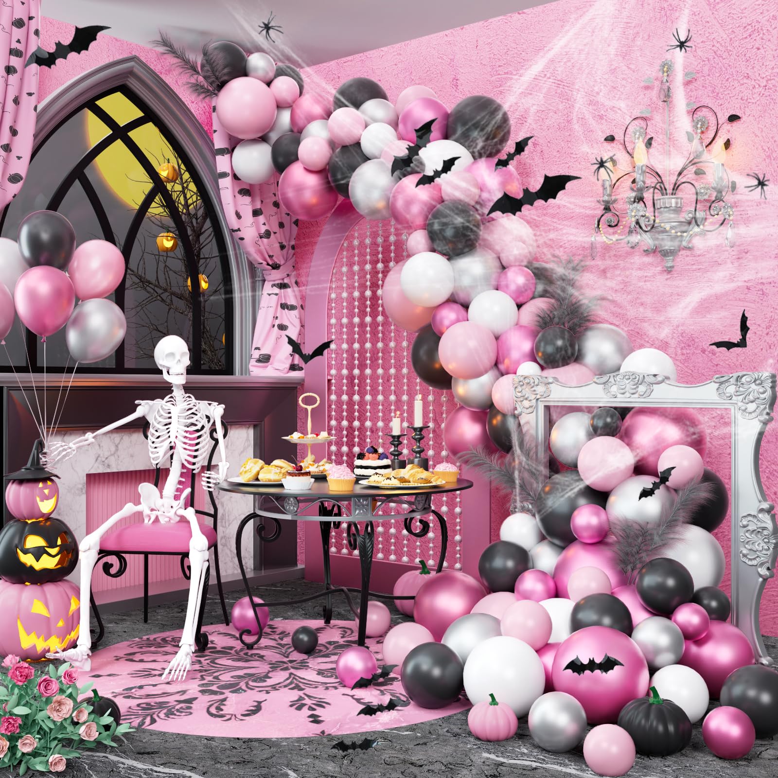 Fiesec Pink Halloween Balloon Garland Arch Kit, Halloween Themed Party Decorations with BOO Foil Balloons Spider Web Bat Ghost, Happy Boo Day Halloween Indoor Outdoor Yard Home Room Décor