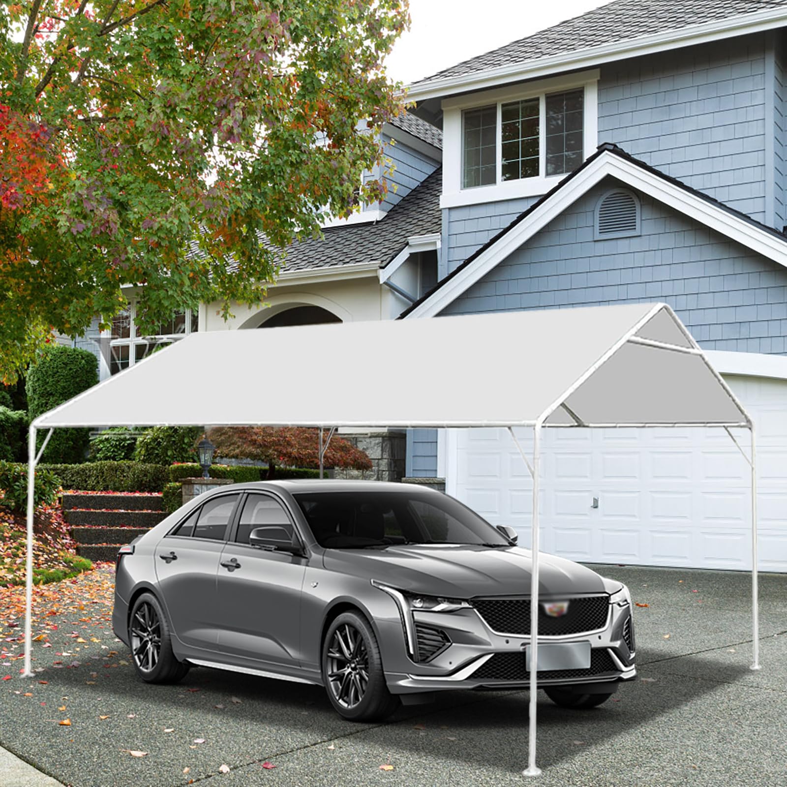 Eunika 10 x 20 Ft Carport Replacement Canopy Cover Garage Car Top Tent 180G PE Fabric Shelter Tarp Tent with 50 Ball Bungee Cords, Waterproof & UV Protected (Only Cover, Frame Not Include), White