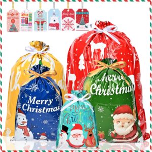 christmas gift bags - 30pcs extra large christmas drawstring gift bags with tags, foil xmas tie bag assorted sizes for presents, reusable plastic big christmas wrapping bags bulk 5 sizes & 13 designs