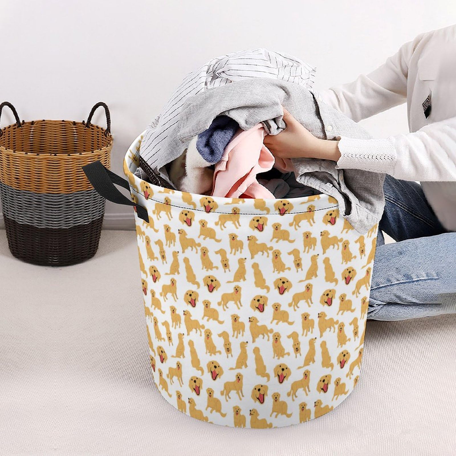 PNDLKEIR Golden Retrievers Pattern Foldable Oxford Cloth Laundry Hamper Waterproof Laundry Basket for Bathroom, Bedroom, Laundry Room - 17.3 X 17.3 Inch, Large size, style