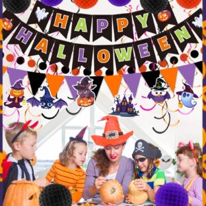 Happy Halloween Banner Halloween Party Decorations Indoor, Paper Pom Poms Triangle Flag Halloween Sign Hanging Garland Swirls Halloween Streamers for Trunk or Treat Decorations